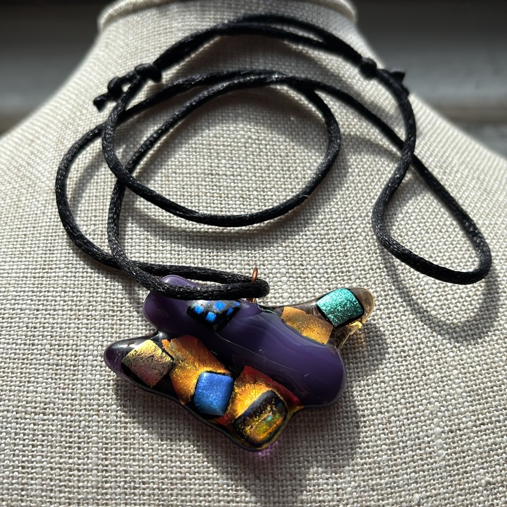 ⚫️Brand New Dichroic Fused Glass Pendant Multicolored Necklace, Handmade